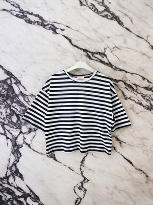 Siyah Çizgili Bisiklet Yaka Crop Top Oversize Kadın Basic Tişört