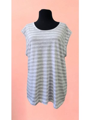 Gri Çizgili Bisiklet Yaka Kadın Oversize Kolsuz Tişört