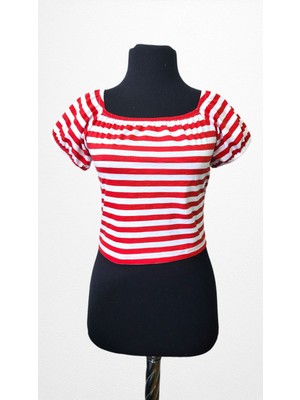 Kırmızı Çizgili Büzgülü Kare Yaka Dar Kalıp Kadın Crop Tişört