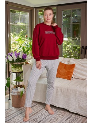 Yazı Detaylı Pijama Takımı - Kadın Çizgili Pijama Takımı