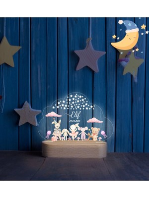 Vera Kids Bulut Detaylı Kız Çocuk , Hoş Geldin  Ahşap Gece Lambası ,Yeni Doğan  Çocuk Odası Gece Lambası