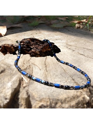 Ayre Style Lapis Lazuli Doğal Taşı Erkek Uzun Kolye (51 Cm) -Lapis Lazuli Hematit Güç ve Denge Kolyesi