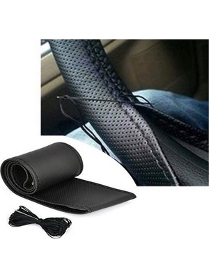 Oto Motto Direksiyon Kılıfı Deri Dikişli Noktalı Desenli Dikmeli Direksiyon Kılıfı - Siyah Dikiş