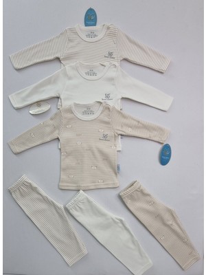 Bebek 3'lü Yumuşacık Pamuklu Çizgili Desenli Pijama Setleri Bej