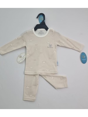 Bebek 3'lü Yumuşacık Pamuklu Çizgili Desenli Pijama Setleri Bej