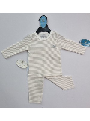 Bebek 3'lü Yumuşacık Pamuklu Çizgili Desenli Pijama Setleri Bej