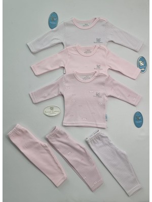 Bebek 3'lü Yumuşacık Pamuklu Çizgili Desenli Pijama Setleri Pembe