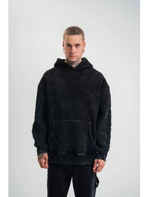 Tarz Yeri Unisex Uzun Kol Kapşonlu Yıkamalı Nakışlı Sweatshirt - Siyah