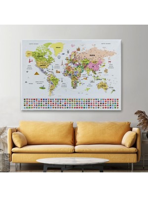 Türkçe Dünya Haritası Ayrıntılı Eğitici Sembollü Bayraklı Dekoratif Kanvas Tablo 2850