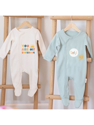 Mom Cherie %100 Organik Sunshine Bebek Uzun Kollu Baskılı Tulum 2'li Set - Mint