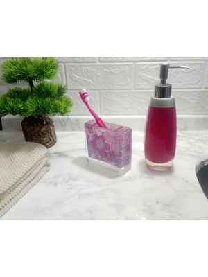 Sia Sıvı Sabunluk,Diş Fırçalık 2 Li Banyo Seti,Gri Pembe Ve Çiçekli