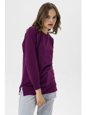 Kadın Bisiklet Yaka Yırtmaç Detaylı Sweatshirt 245048 -