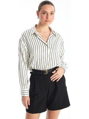 Çizgili Uzun Kollu Oversize Saten Kadın Gömlek