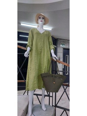 Italyan V Yaka Uzun Kol Keten Elbise