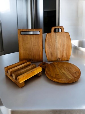 Mekwood Dört Parça  Doğal Kesme Tahtası ve Sunumluk