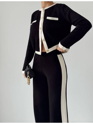 Tasarım Kumpanyası Siyah krem Triko Ikili Takım-Triko Pantolon ve Hırka Takım