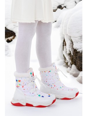 Kiko Kids Bambu Bağcıklı Kız Çocuk Kar Botu Beyaz - Kırmızı
