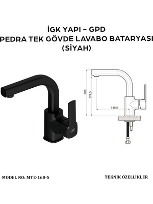 Gpd MTL160-S Pedra Tek Gövde Lavabo Bataryası (Siyah)