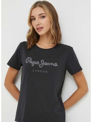 Pepe Jeans Bisiklet Yaka Baskılı Siyah Kadın T-Shirt PL505749