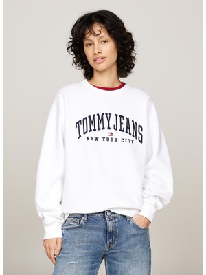 Tommy Jeans Yuvarlak Yaka Nakışlı Beyaz Kadın Sweatshırt Tjw Rlx Varsıty Crew