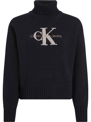 Calvin Klein Jeans Balıkçı Yaka Standart Nakışlı Siyah Kazak Kadın Chenılle Monologo Sweater
