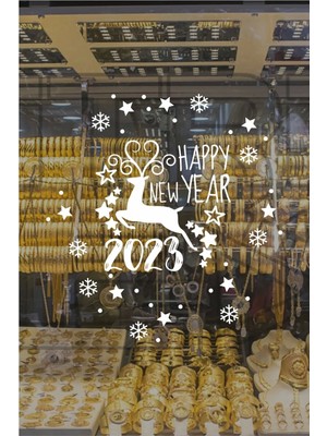 Narnuga Happy New Year Geyik ve 2023 Yılbaşı Süslemeleri Yeni Yıl Vitrin,cam,duvar Sticker