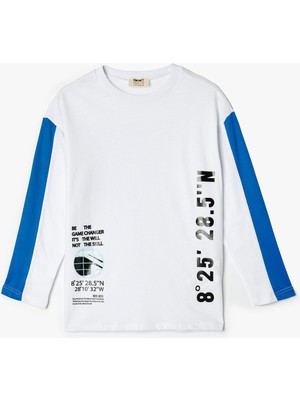 Koton Oversize Tişört Slogan Baskılı Uzun Kollu Bisiklet Yaka Pamuklu