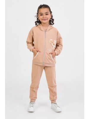 Miniğimin Cicileri Fiyonk Detaylı Fermuarlı Kapüşonlu Kız Çocuk Eşofman Takımı - Kahve