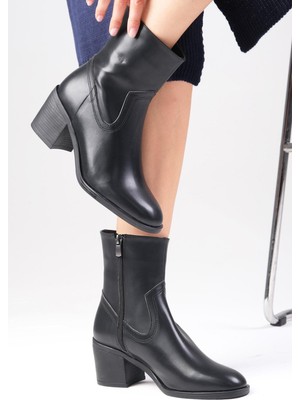 Mio Gusto Amory Siyah Renk Fermuarlı, Ince Suni Kürk Astarlı Kalın Topuklu Kadın Bot