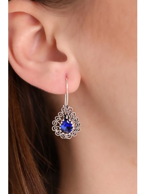 925 Ayar Gümüş Safir Taşlı Damla Model Oksitli Telkari Kadın Küpe