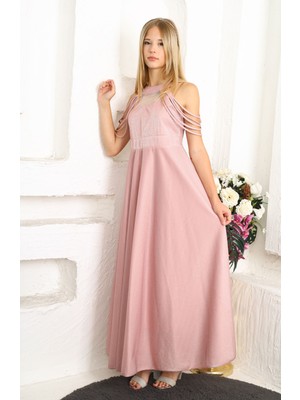 Pantulux Genç Kız Açık Pembe Uzun Boydan Parlak Monoray Simli Kumaş Abiye Elbise Özel Gün KIYAFETI-ABY-2029