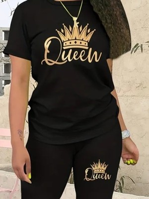 Tanla Butik Kadın Kısa Kollu Queen Baskı Viskon Ikili Takım