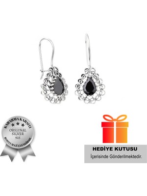 925 Ayar Gümüş Oniks Taşlı Damla Model Oksitli Telkari Kadın Küpe