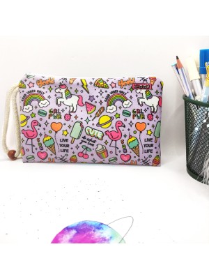 Limmy Mor Unicorn Desenli Kalem Kutusu Yıkanabilir Bez Kalemlik