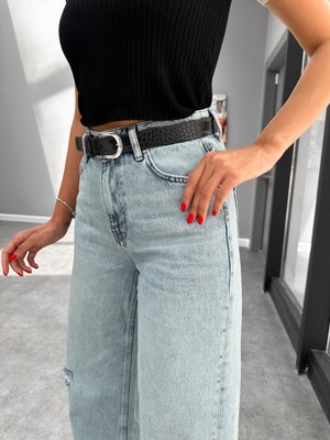 Yırtık Detay Wide Leg Blue Jean