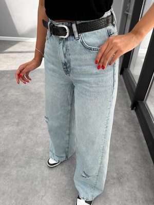 Yırtık Detay Wide Leg Blue Jean