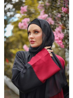 Harika Wear Siyah Bordo Renklerinden Ferace Abaya Takımı (Abaya - Elbise - Şal)