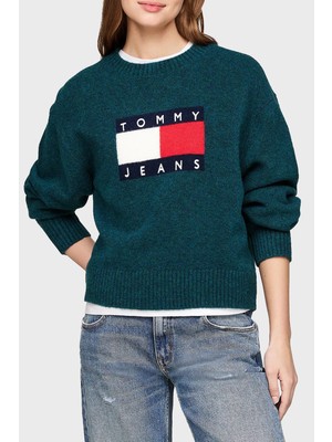 Tommy Jeans Streç Yünlü Relaxed Fit Bisiklet Yaka Kazak Bayan Kazak DW0DW18681 Mng