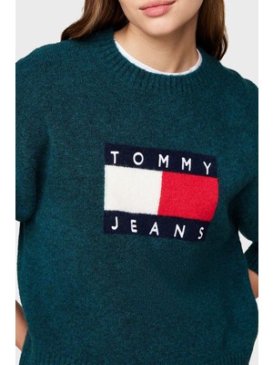 Tommy Jeans Streç Yünlü Relaxed Fit Bisiklet Yaka Kazak Bayan Kazak DW0DW18681 Mng