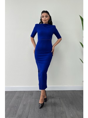 Krep Kumaş Inci Detaylı Kalem Elbise - Saks Mavi