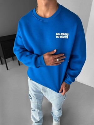 Erkek Oversize Baskılı Yuvarlak Yakalı Uzun Kollu Sweatshirt Mavi