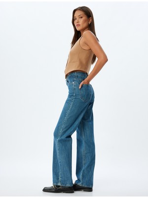 Koton Düz Uzun Paça Kot Pantolon Standart Bel Düğmeli Pamuklu - Longer Straight Fit Jean