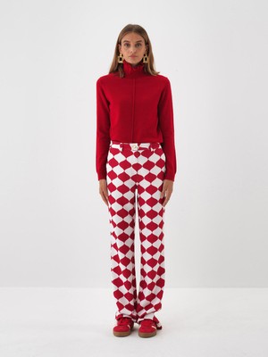 Kadın Kırmızı Doğal Yün Dokulu Slim Fit Kazak