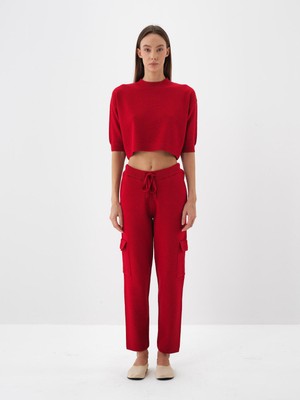 Kadın Kırmızı Doğal Yün Dokulu Oversize Kazak