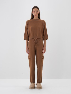 Kadın Camel Doğal Yün Dokulu Oversize Kazak