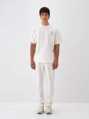 Erkek Ekru Pamuk Dokulu Oversize Tişört