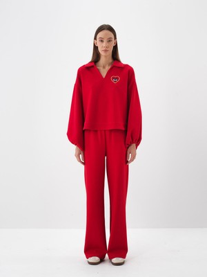 Kadın Kırmızı Pamuk Dokulu Oversize Sweatshirt