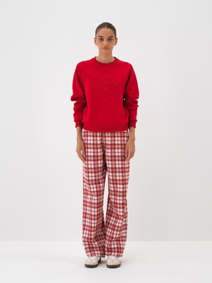 Kadın Kırmızı Pamuk Dokulu Regular Fit Sweatshirt