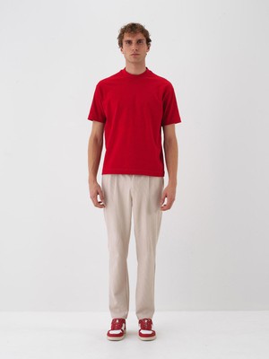 Erkek Kırmızı Pamuk Dokulu Regular Fit Tişört