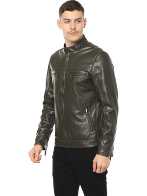 Erkek Dik Yaka Çok Cepli Fermuarlı Deri Işçilikli Suni Deri Mont